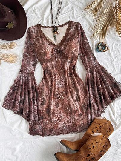 Soleia Vestido mini de manga larga con cuello en V, dobladillo asimétrico y estampado de mariposa vintage, vestido con flecos y estampado de red de punto de moda para festival, fiesta y té de la tarde