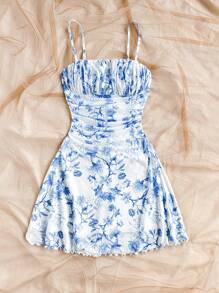 Soleia 女士夏季度假蓝白花卉印花网眼紧身胸衣迷你连衣裙，适合派对、约会、情人节、复活节、狂欢节、海滩、游轮、下午茶 - 藍白色 - 查看 5
