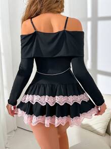 2 sztuki/zestaw damski kontrastowy koronkowy kokardka dekoracja off shoulder pajama set - Wielokolorowe - Zobacz 4