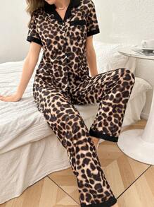 LuxeNights Leopard Print Patchwork Color Block Reversible Collar Short Sleeve & Pants Pajama Set - Multicolor - View 6