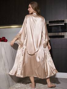 SilkySpell 2pcs Women Lace Embroidered Trim Sleepwear Set: Nightgown & Robe - Champagne - View 2
