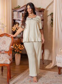 Côtesoire Plus Size Contrast Trim Ruffle Bow Decor Nachtkledingset Met Shorts
