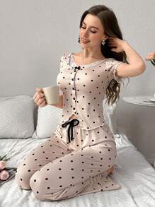 Polka Dot Print Lace Trim Collar & Ruffle Bottom Short Sleeve Pajama Set With Pants - Apricot - View 5