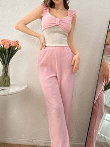 2pcs/Set 2 In 1 Bowknot Fitted Top & Long Pants Pajama Set - Baby Pink - View 5