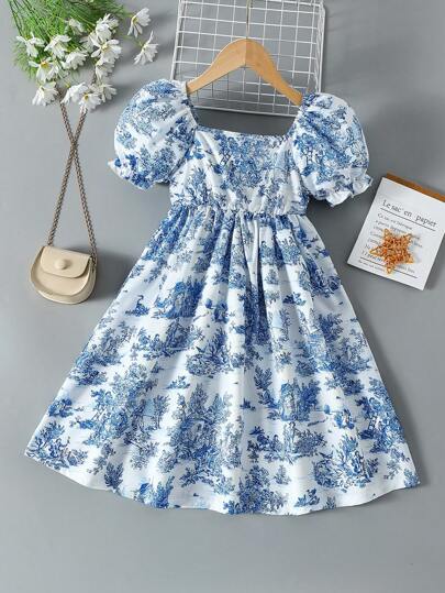 SHEIN 小女孩泡泡袖风景花卉印花连衣裙，夏季公主裙，适合4-7岁，户外、旅行、休闲装