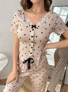 Polka Dot Print Lace Trim Collar & Ruffle Bottom Short Sleeve Pajama Set With Pants - Apricot - View 6