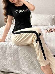 Color Block Print Slim Fit Short Sleeve T-Shirt And Bowknot Decor Long Pants Pajama Set Bowknot - Black - View 5