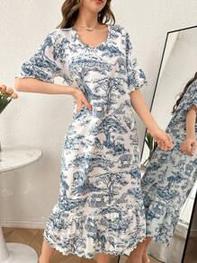 Vestido de dormir largo con mangas cortas y estampado floral con volantes