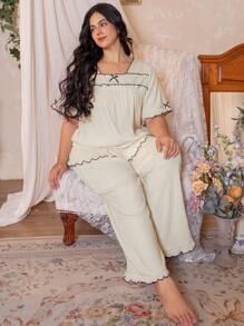 Côtesoire Plus Size Contrast Trim Ruffle Bow Decor Nachtkledingset Met Shorts