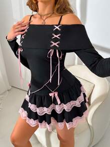 2 sztuki/zestaw damski kontrastowy koronkowy kokardka dekoracja off shoulder pajama set - Wielokolorowe - Zobacz 3