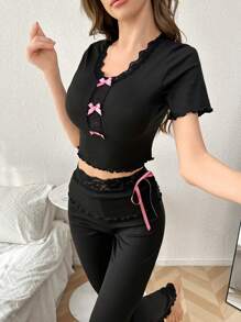 Women Lace Patchwork Butterfly Decor Short Sleeve Top And Flare Leg Pants Pajama Set Holidayseason