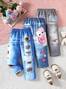 3 件套女孩少女可爱向日葵、猫心、星星和字母印花仿牛仔效果裤，适合春季、夏季、秋季 - 彩色 - 查看 1