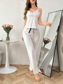 SHEIN Ruffle Edge Polka Dot Print Camisole & Long Pants Pajama Set - Multicolor - View 5