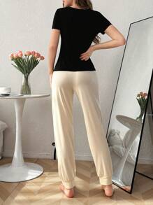 Color Block Print Slim Fit Short Sleeve T-Shirt And Bowknot Decor Long Pants Pajama Set Bowknot - Black - View 4