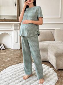 纯色休闲拉绒灯芯绒短袖长裤孕妇家居休闲套装 - 綠色 - 查看 3