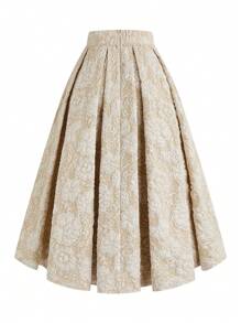 Celure Plus Size Women Elegant Textured Jacquard Fabric Pleated Mid-Length A-Line Skirt, Spring - Apricot - View 2