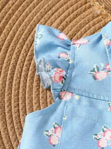 2 Stücke Kleine Mädchen Bluse mit Blumen- und Denim-Optik-Muster sowie Lässig Shorts Set, geeignet für Sommertage