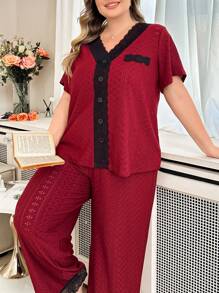 Plus Size Contrast Color Lace Short Sleeve Top & Pants Casual Jacquard Pajama Set
