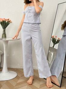 Women's Blue Striped Ruffled Off Shoulder Blouse And Pants Pajama Set - Baby Blue - View 2