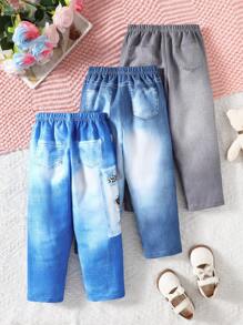 3 件套女孩少女可爱向日葵、猫心、星星和字母印花仿牛仔效果裤，适合春季、夏季、秋季 - 彩色 - 查看 2