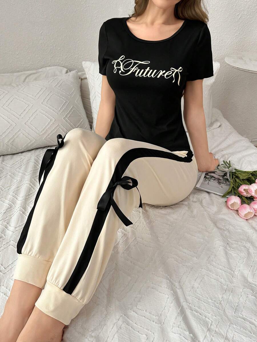 Color Block Print Slim Fit Short Sleeve T-Shirt And Bowknot Decor Long Pants Pajama Set Bowknot - Black - View 1