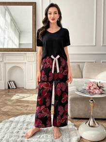 拼色花卉印花蝴蝶结松紧腰裤和 V 领短袖上衣睡衣套装 - 彩色 - 查看 3
