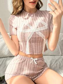 Conjunto de pijama de pantalón corto y manga corta con decoración de lazo de encaje, ropa informal para el hogar para niñas