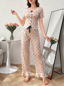 Polka Dot Print Lace Trim Collar & Ruffle Bottom Short Sleeve Pajama Set With Pants - Apricot - View 4