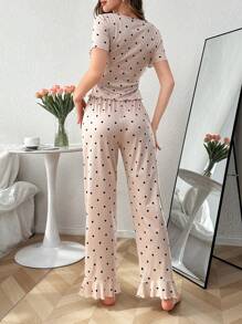 Polka Dot Print Lace Trim Collar & Ruffle Bottom Short Sleeve Pajama Set With Pants - Apricot - View 2