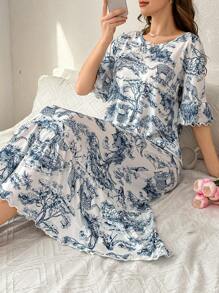 Vestido de dormir largo con mangas cortas y estampado floral con volantes