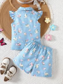 2 Stücke Kleine Mädchen Bluse mit Blumen- und Denim-Optik-Muster sowie Lässig Shorts Set, geeignet für Sommertage