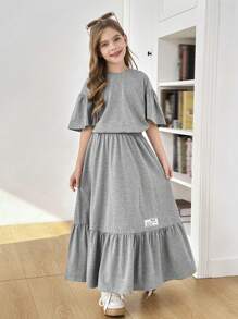 SHEIN 青少年女孩休闲荷叶边袖圆领宽松T恤和裙子两件套