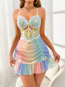 FloralLove Rainbow Ombre Print Embroidered Splice Fish Bone Waist Design Mesh Strap Nightgown - Multicolor - View 2