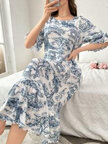 Vestido de dormir largo con mangas cortas y estampado floral con volantes