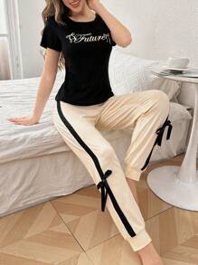 Color Block Print Slim Fit Short Sleeve T-Shirt And Bowknot Decor Long Pants Pajama Set Bowknot - Black - View 3