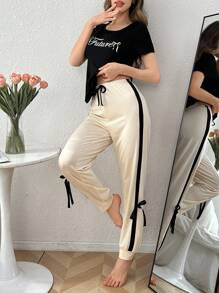 Color Block Print Slim Fit Short Sleeve T-Shirt And Bowknot Decor Long Pants Pajama Set Bowknot - Black - View 6