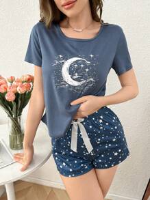 Conjunto de pijama de mujer de manga corta y pantalón corto con estampado de estrellas y lunas - Azul Marino - Ver 4