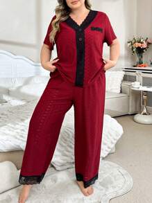Plus Size Contrast Color Lace Short Sleeve Top & Pants Casual Jacquard Pajama Set