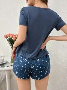 Conjunto de pijama de mujer de manga corta y pantalón corto con estampado de estrellas y lunas - Azul Marino - Ver 2