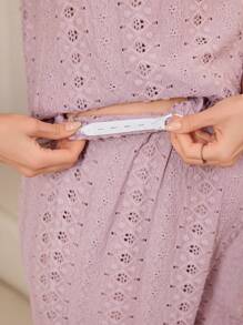 Moonlight&Mama 蕾丝网布拼布圆领荷叶边上衣和裤子孕妇睡衣套装 - 藕粉色 - 查看 3