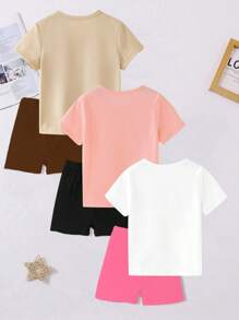SHEIN Bộ 3 món/Bộ thời trang thường ngày cho bé gái in hình chân dung áo thun tay ngắn và quần short, trang phục hàng ngày cho bé gái - Nhiều màu - Xem 2