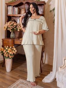 Côtesoire Plus Size Contrast Trim Ruffle Bow Decor Nachtkledingset Met Shorts