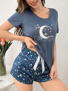 Conjunto de pijama de mujer de manga corta y pantalón corto con estampado de estrellas y lunas - Azul Marino - Ver 1