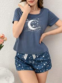 Conjunto de pijama de mujer de manga corta y pantalón corto con estampado de estrellas y lunas - Azul Marino - Ver 6