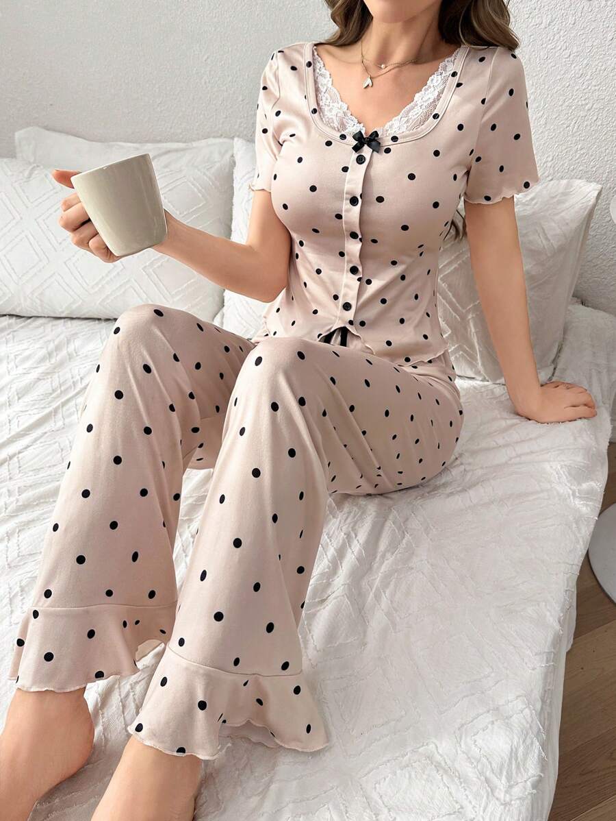 Polka Dot Print Lace Trim Collar & Ruffle Bottom Short Sleeve Pajama Set With Pants - Apricot - View 1
