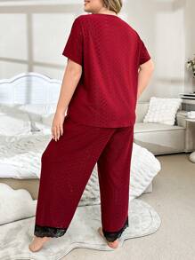 Plus Size Contrast Color Lace Short Sleeve Top & Pants Casual Jacquard Pajama Set