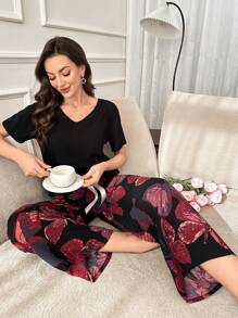 拼色花卉印花蝴蝶结松紧腰裤和 V 领短袖上衣睡衣套装 - 彩色 - 查看 1