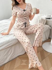 Polka Dot Print Lace Trim Collar & Ruffle Bottom Short Sleeve Pajama Set With Pants - Apricot - View 3
