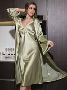 女士深 V 蕾丝拼布吊带背心缎面长款睡袍和睡袍套装 - 綠色 - 查看 1