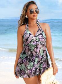 Swim Lushoire Plus Size Women 2pcs/Set Floral Print Halter Ruched Tankini Swimwear, Slimming Backless Casual Beachwear Set, For Summer Vacation - Multicolor - View 1